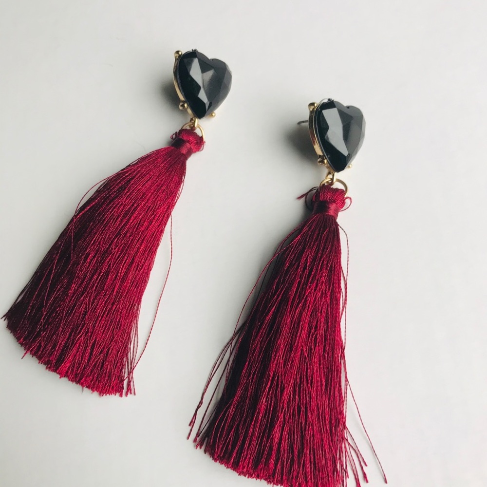 Black heart and burgundy tassel dangle earrings